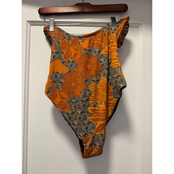 Zara Womens Strapless Cutout One Piece Swimsuit Orange Brown Geometric Floral S - Picture 3 of 3